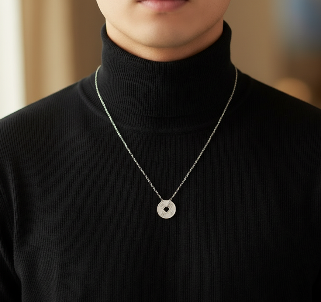 Feng Shui Good Luck coin pendant on a silver chain