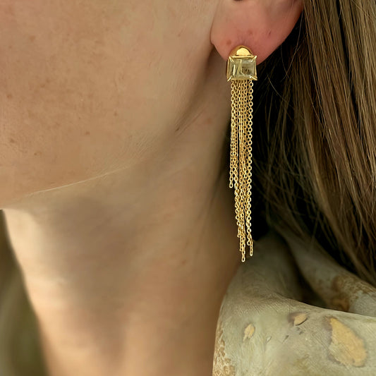 a female wearing elegant silver gold-plated earrings with cascading chain tassel