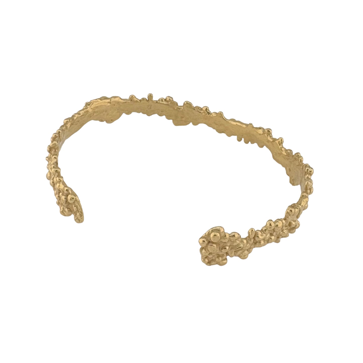 Golden bracelet with textured design on a white background view from the back