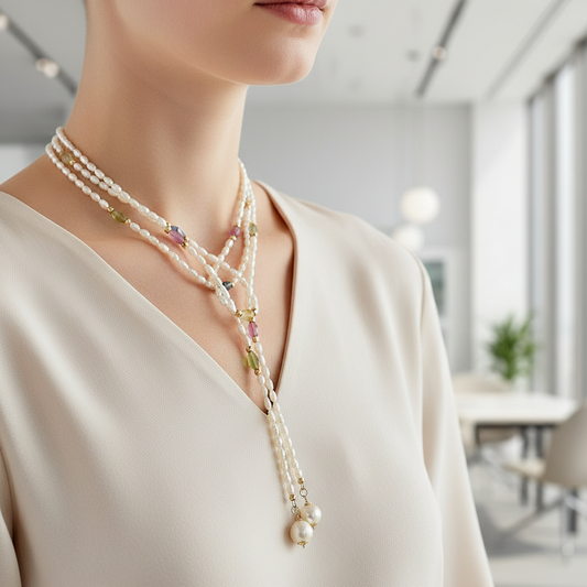 Long pearl and multicolour sapphire necklace