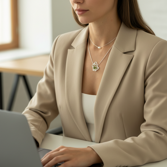 a woman in the office walking on her laptop and wearing the orchid necklace together with the single pearl necklace.