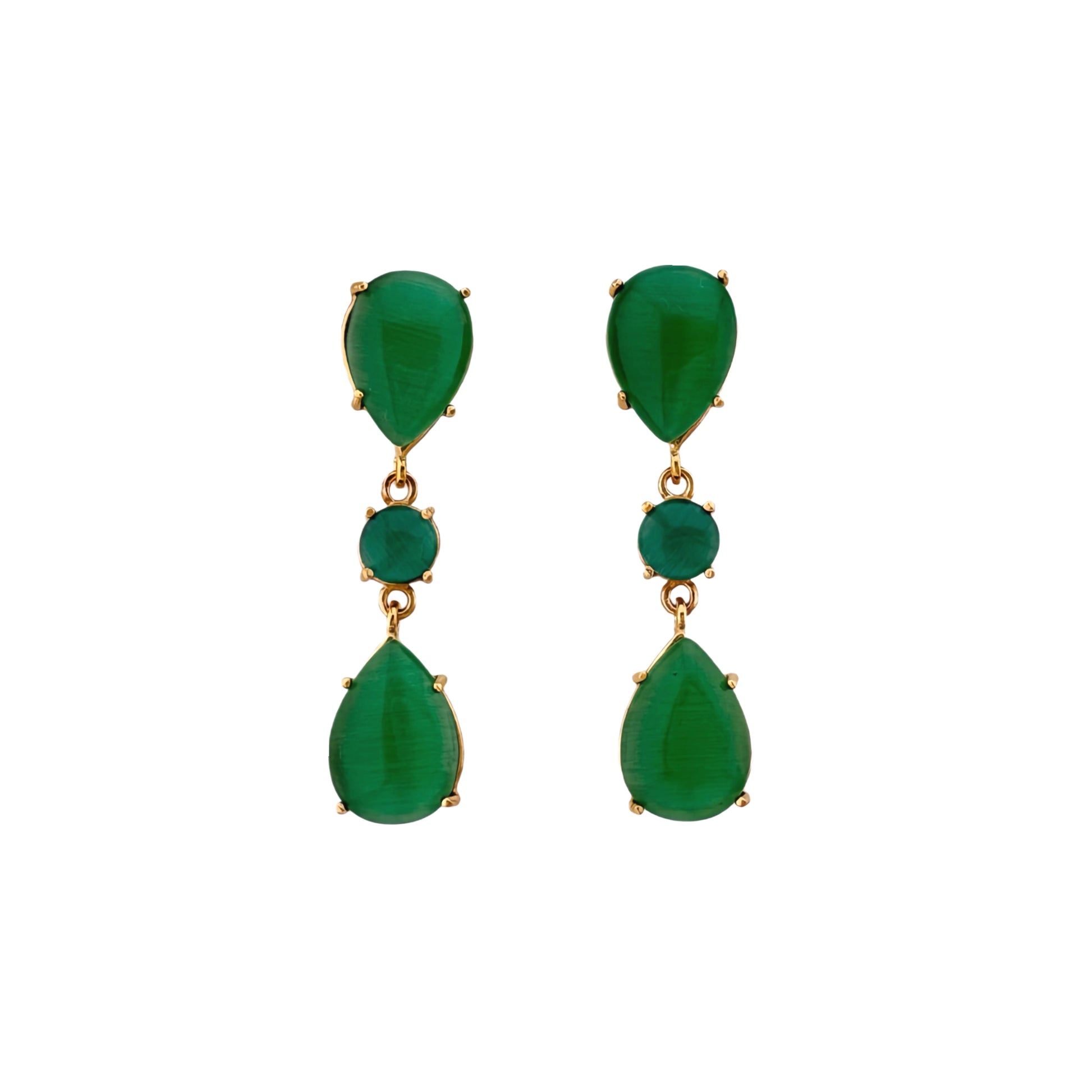 Green teardrop earrings with gold accents on a white background