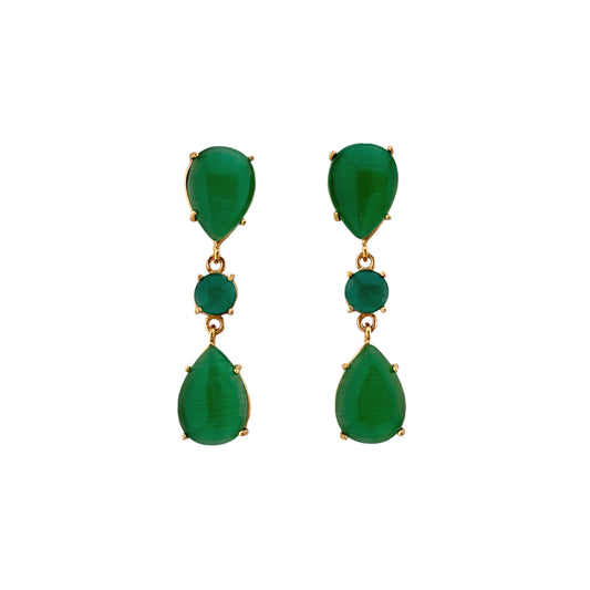 Green teardrop earrings with gold accents on a white background