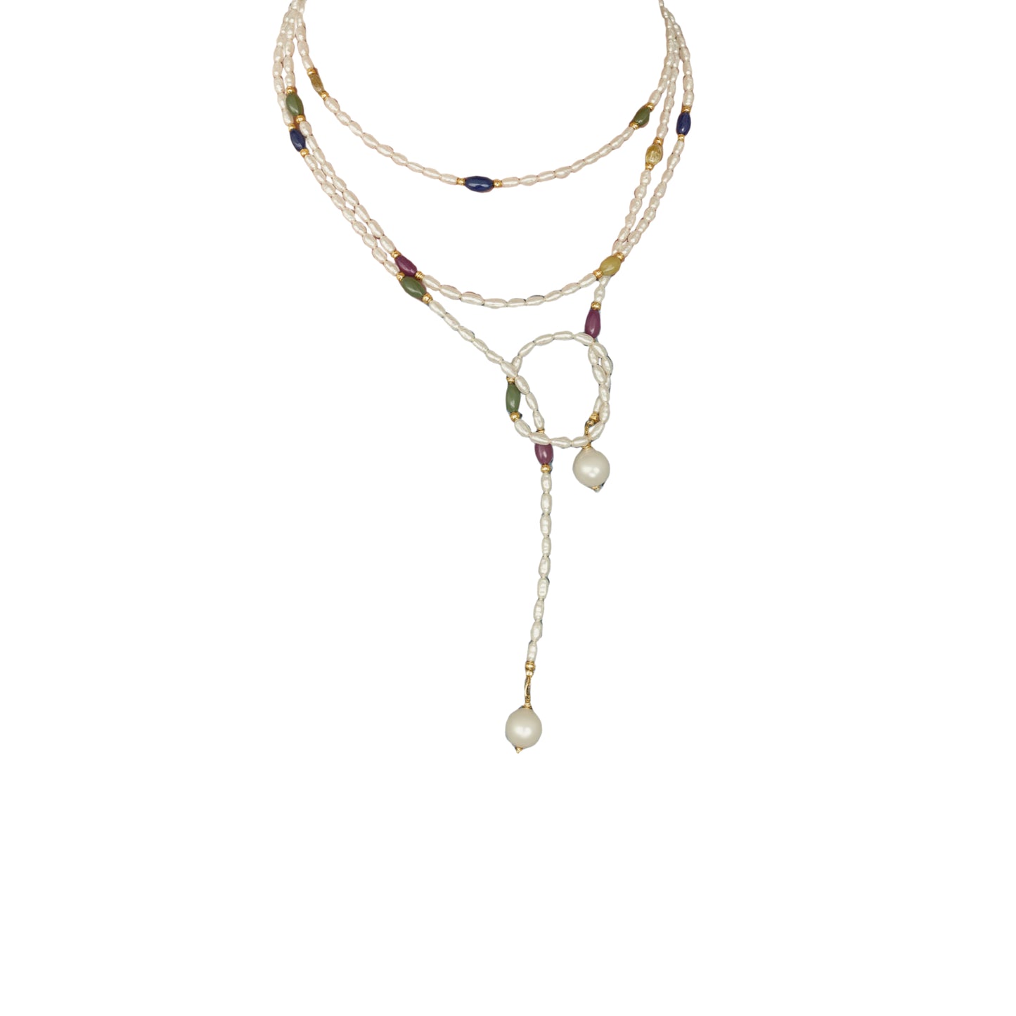 Versatile necklace with pearls and gemstones on a white background