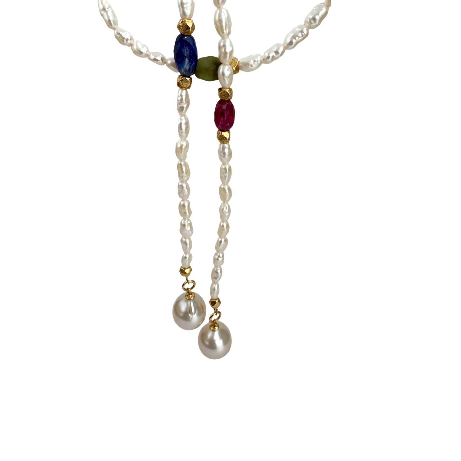 Close-up of a necklace with pearls, gemstones, and gold accents on a white background