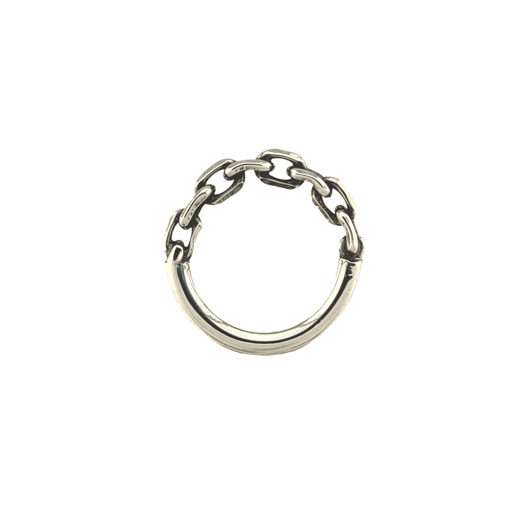 Handcrafted silver chain ring with bold, organic textured links – edgy statement jewellery for men and women