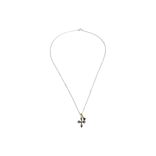 Unisex silver chain with geometric cross and golden pendants with black stone.