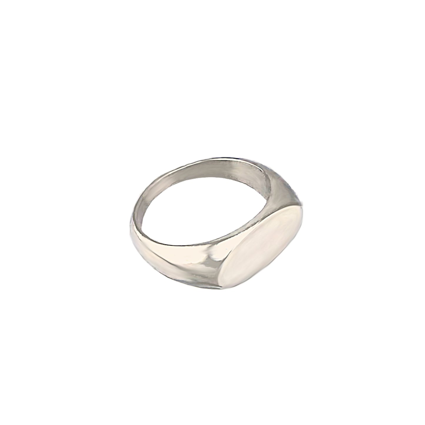 Close-up of solid sterling silver signet ring showing smooth polished finish