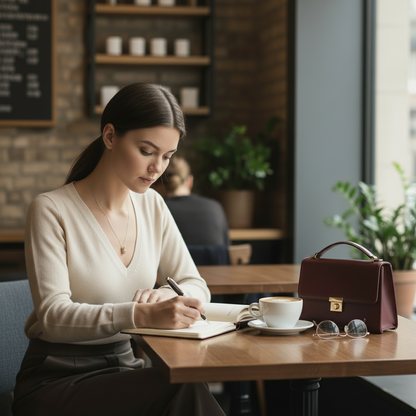 an attractive female model is seating at the table and taking notes in her notepad. she is wearing a heart shaped crowned necklace.