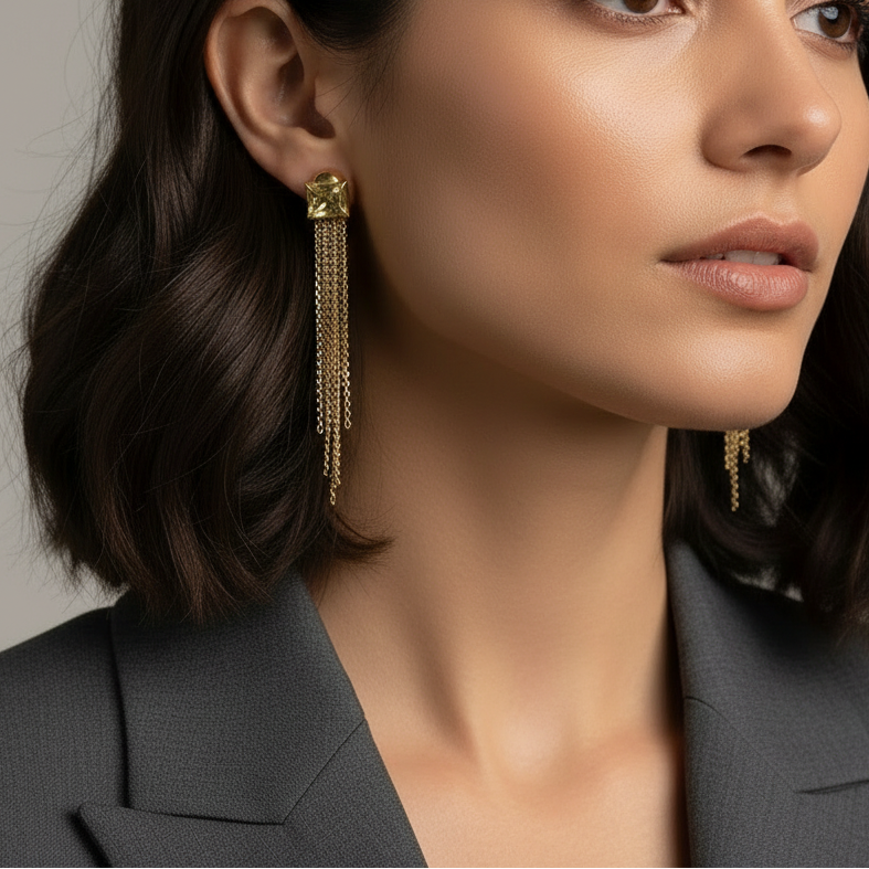 elegant business lady wearing golden tassel chain earrings and a work suit