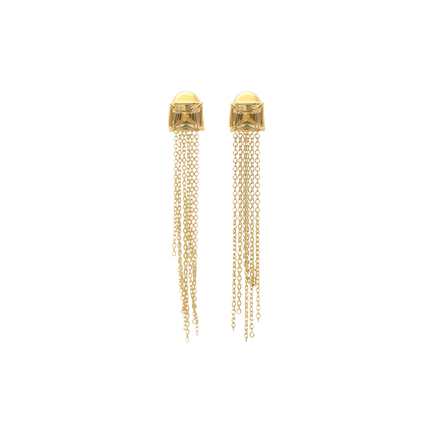 Gold earrings with chain drops on a white background