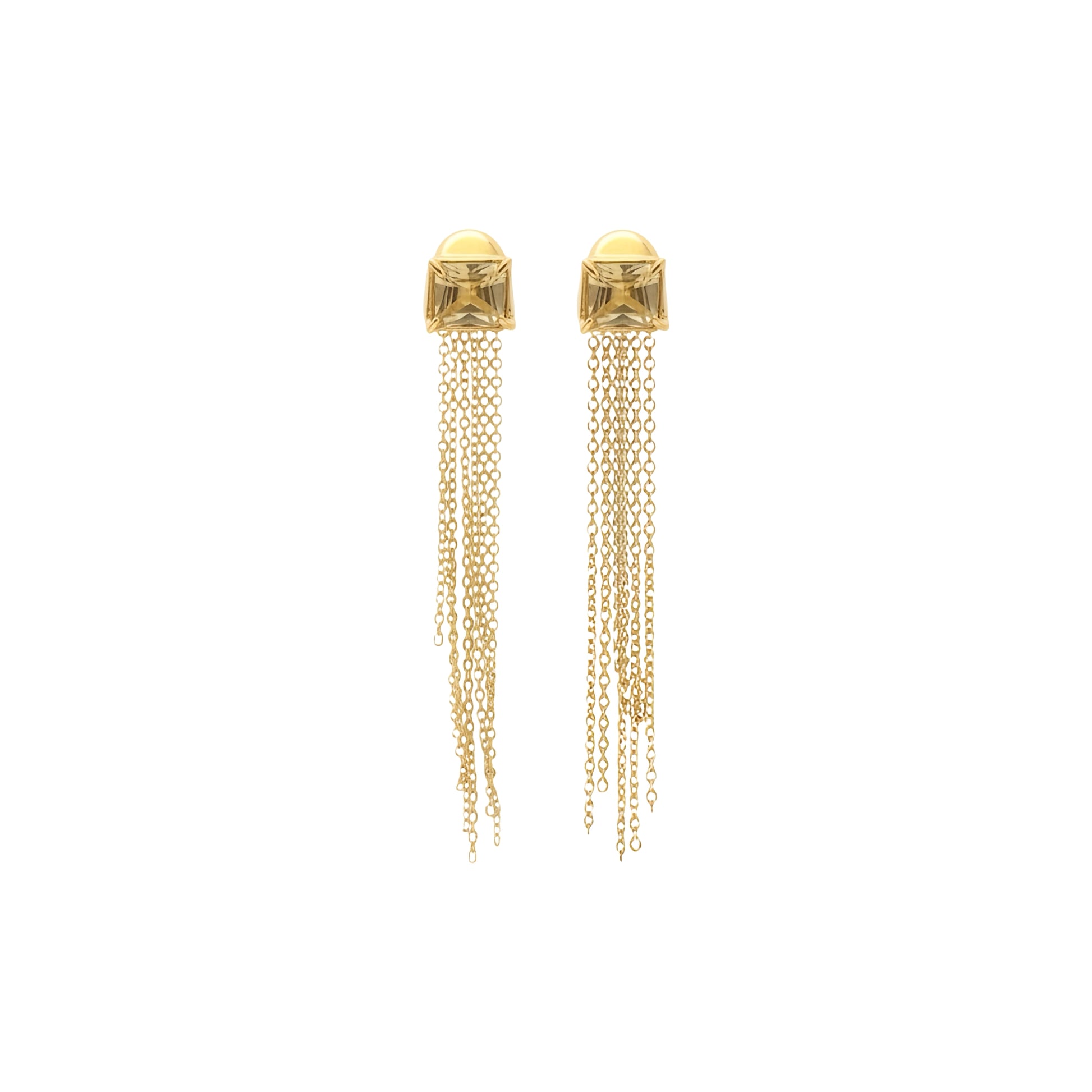 Gold earrings with chain drops on a white background