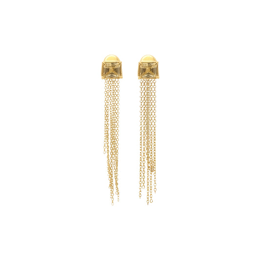 Gold earrings with chain drops on a white background
