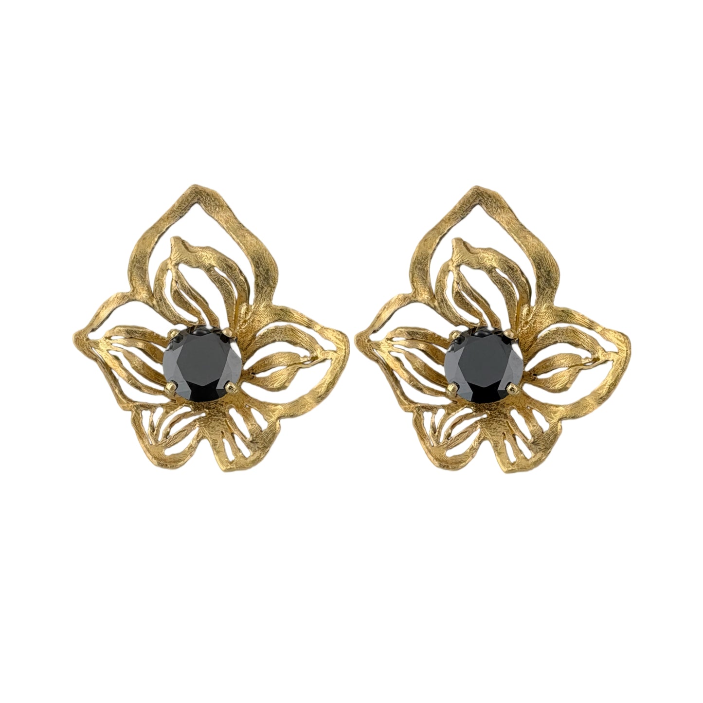 Orchid motif stud earring plated in gold over silver with black Swarovski crystal centre