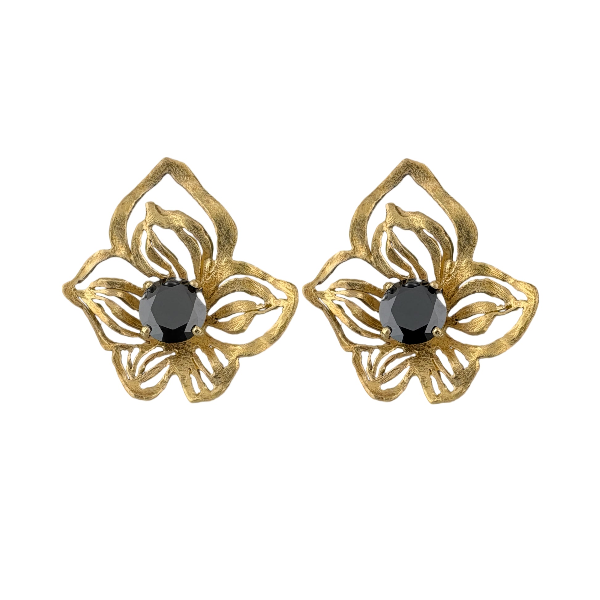 Orchid motif stud earring plated in gold over silver with black Swarovski crystal centre
