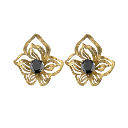 Orchid motif stud earring plated in gold over silver with black Swarovski crystal centre