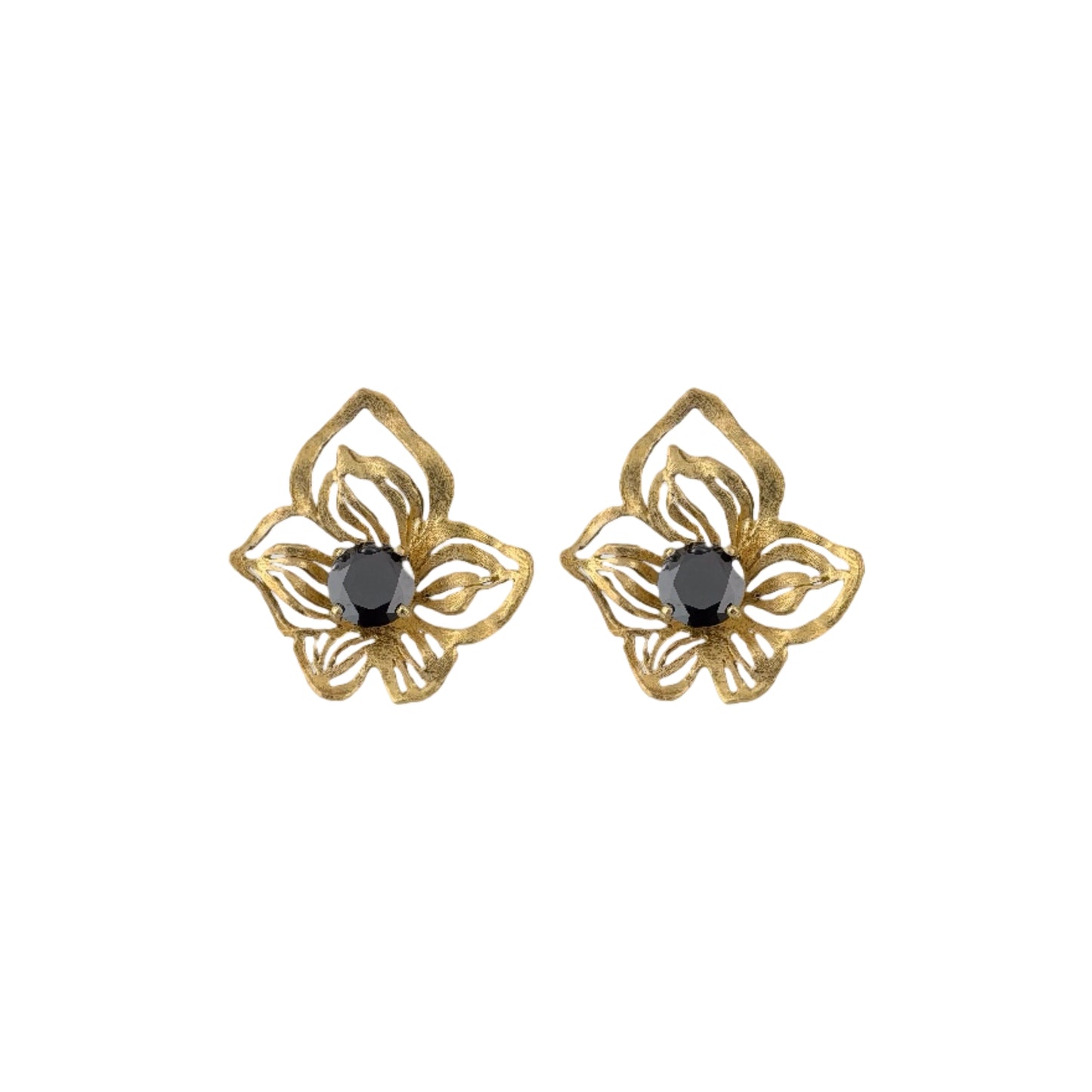 Gold butterfly-shaped earrings with black centers on a white background