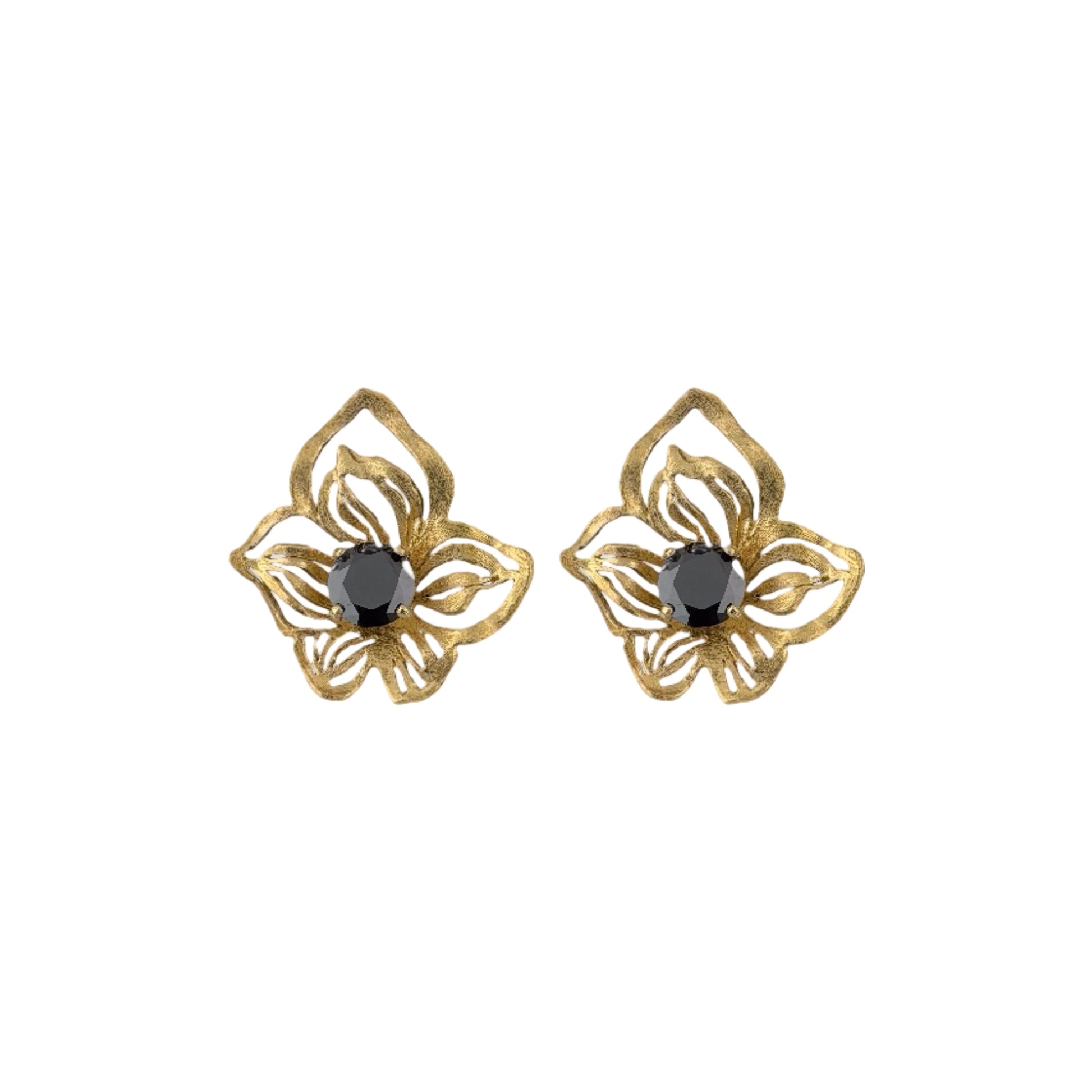 Gold butterfly-shaped earrings with black centers on a white background