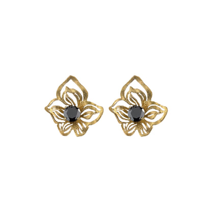 Gold butterfly-shaped earrings with black centers on a white background