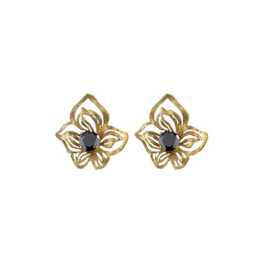 Gold butterfly-shaped earrings with black centers on a white background