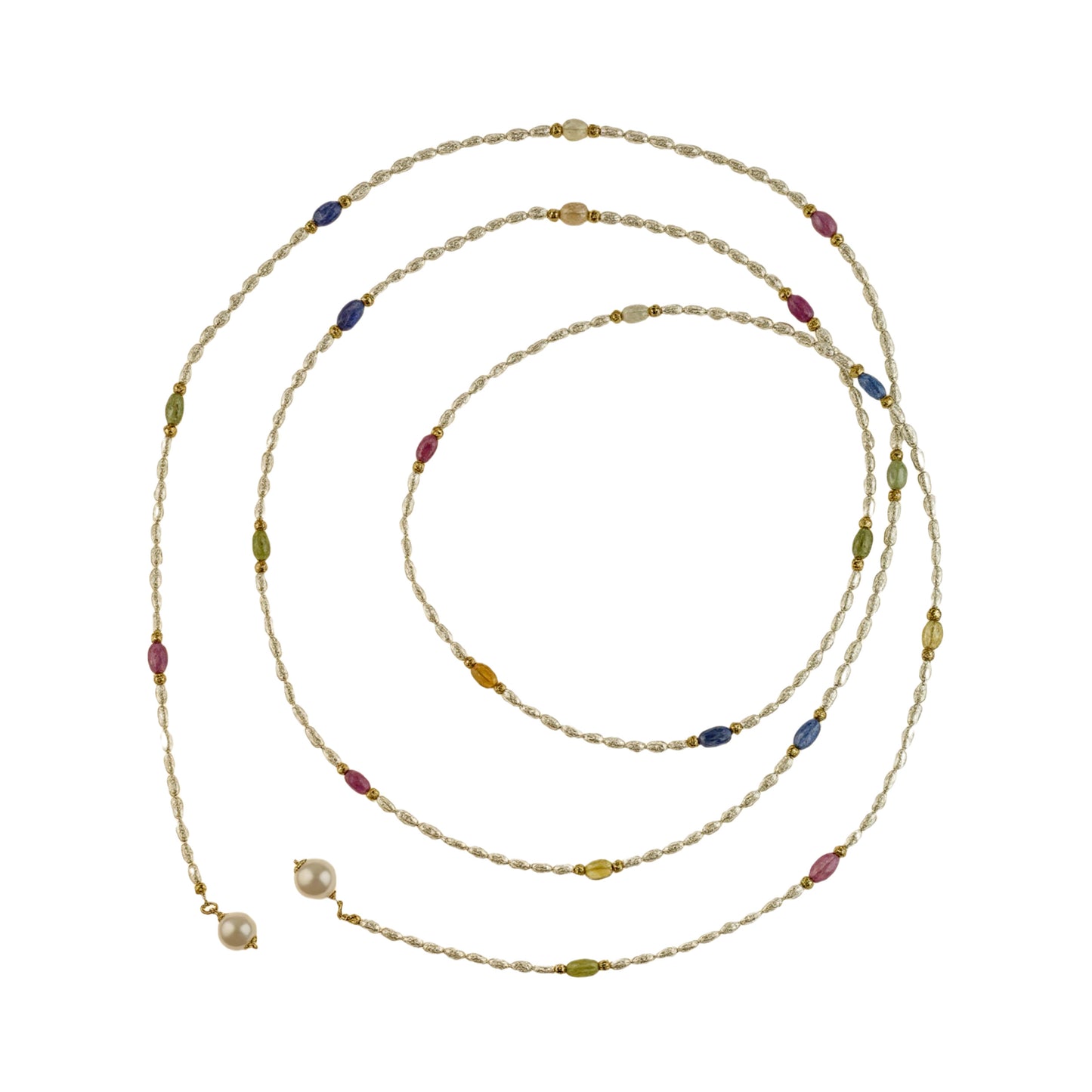 Long pearl necklace with multicolor gemstones and golden separators on a white background
