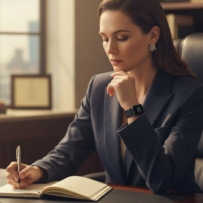 a female sitting in the office and wearing a dark blue suit, writing something in her notepad and she is wearing silver earrings orchid shaped
