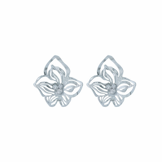 orchid silver stud earrings on a white background