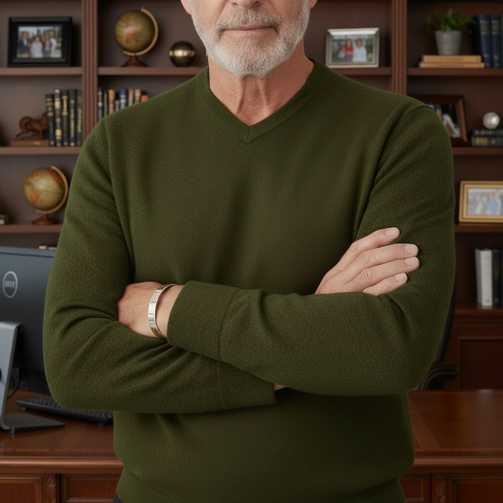 older man is wearing a olvide dark green sweater with his arms crossed at the chest and wearing a silver cuff bracelet