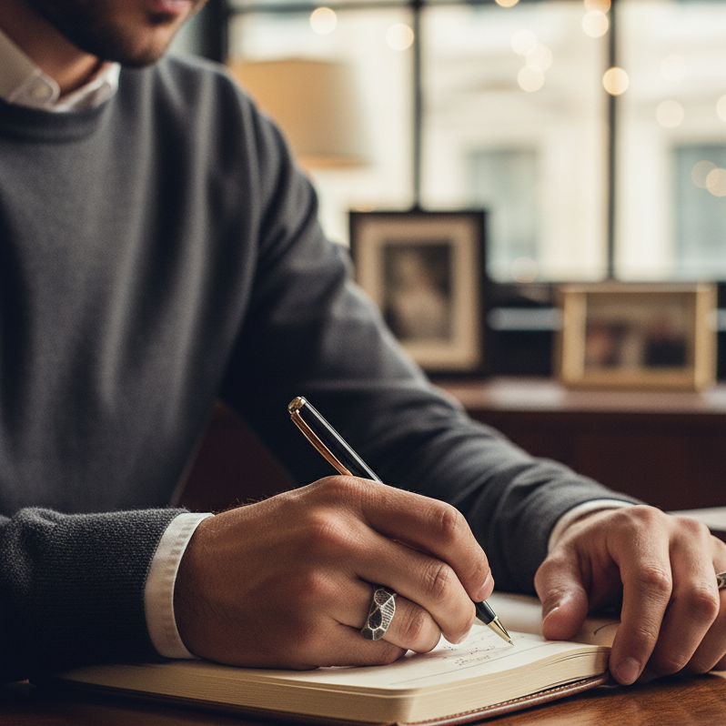 men sitting at the table and writing in his notepad and wearing a rock silver ring rich in texture