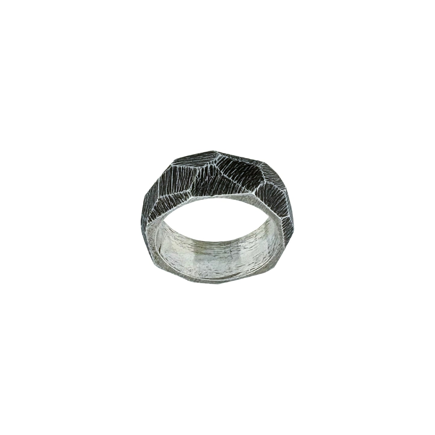 Silver ring with a textured, faceted design on a white background